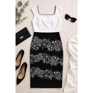 Joseph Ribkoff Black White Sheath Dress Sz 2 Polished Office Event Chic Slimming